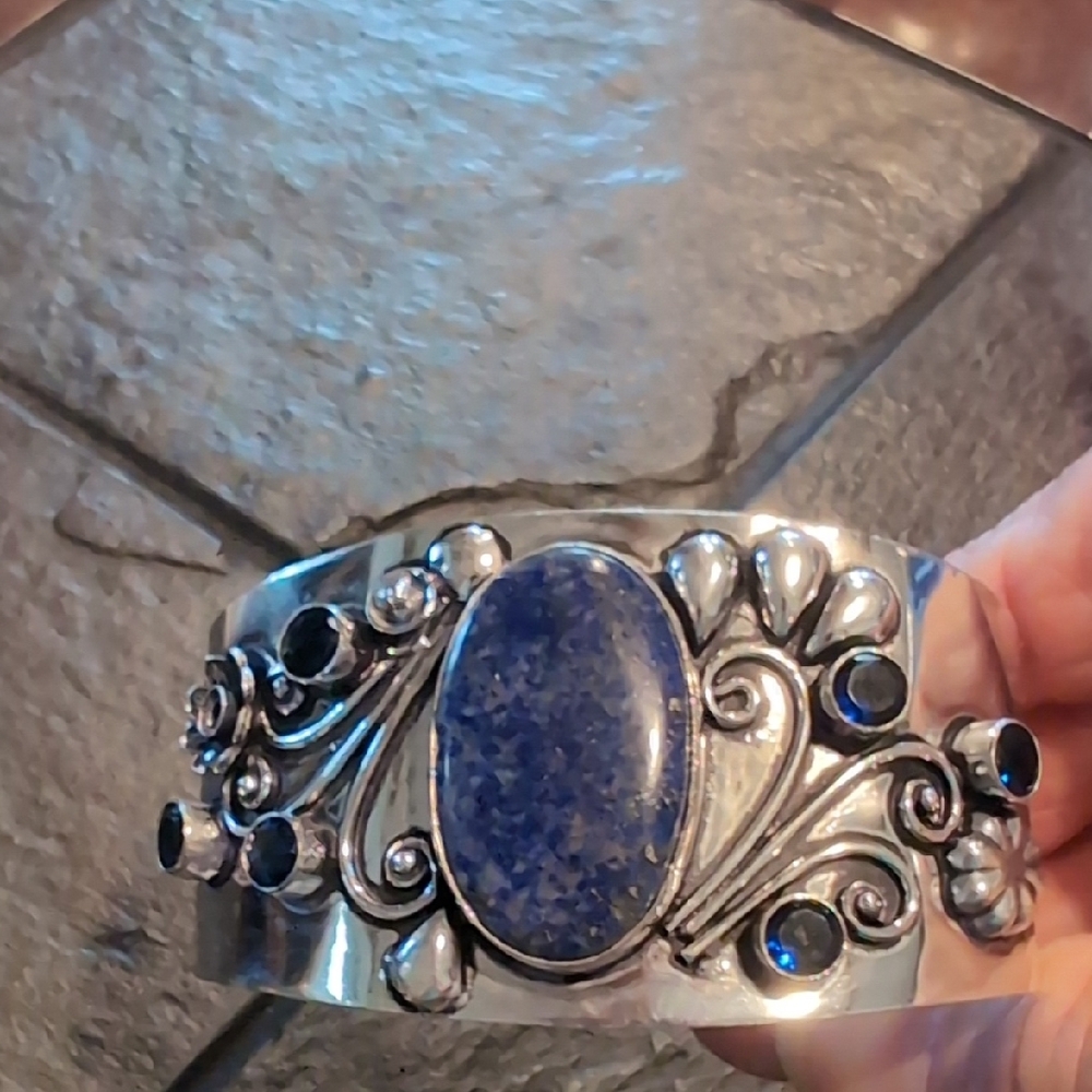 Floral Silver Cuff with Blue Stone